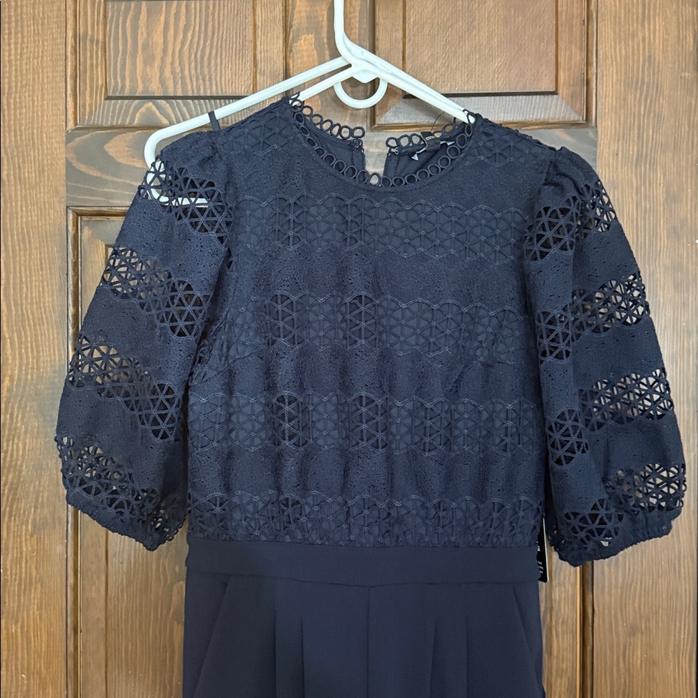 Navy Lace Puff Sleeve jumpsuit  crepe